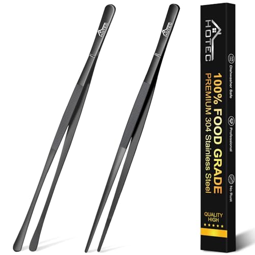 Hotec Kitchen Tweezers Stainless Steel Fine Kitchen Tongs for Cooking, 12-Inch Extra-Long Cooking Tweezers Food Tongs Set of 2, Black