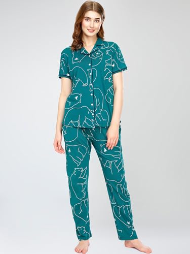 Image of ZEYO Night Suit for Women's Polar Bear Printed Cotton Night Dress of Shirt and Pajama Set 5756