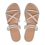 Sksshion Women's Glitter Rhinestone Flat Criss Cross Strappy Open Toe Sandals Slip On Slippers Beige 8