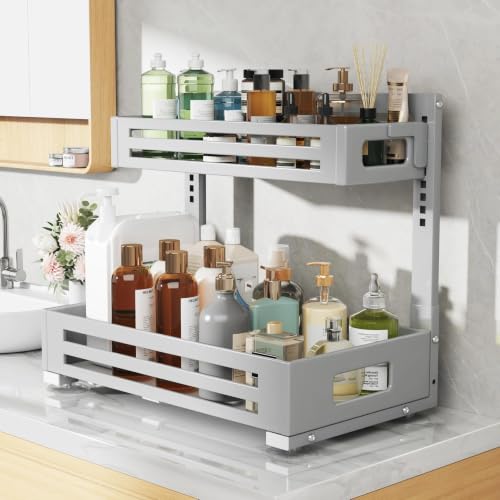 Image of 2 Pack 17IN-Depth Under Sink Organizer,Pull Out Cabinet Organizer With Smooth Cylindrical Rail,Metal Slide Out Drawer for Kitchen Bathroom Laundry,8-Level Tool Free Height Adjustable-Gun Gray