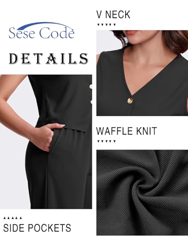 SeSe Code Womens 2 Piece Outfits Business Casual Button Up Vest and Wide Leg Pants Waffle Knit Sleeveless Blazer Suit Set4