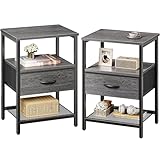 Huuger Nightstand Set of 2, Night Stand with Fabric Drawer, Mesh Shelf, Side Table with Storage, Fabric Drawer Dresser, Open Shelf, Metal Frame, Bedroom, Grey