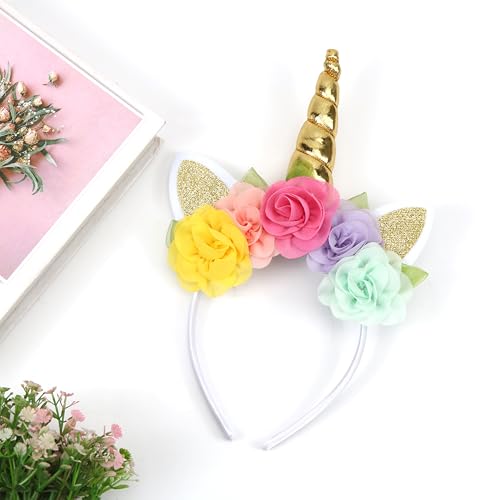 Capaneus Einhorn Haarreif, Haarreif Einhorn mit Ohren Blumen, Einhorn Haarreif Kinder Damen, Haarschmuck Einhorn für Kinder Damen Karneval Fasching Geburtstag Halloween Accessoires