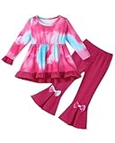 SOLOYEE Girls Clothes 6T 7T Toddler Girl Fall Winter Outfits, Ruffle Long Sleeved Floral Shirts Top + Bell-Bottoms Flare Pants 2Pcs Cloting Set (6-7Years, Rose Red-tie dye)