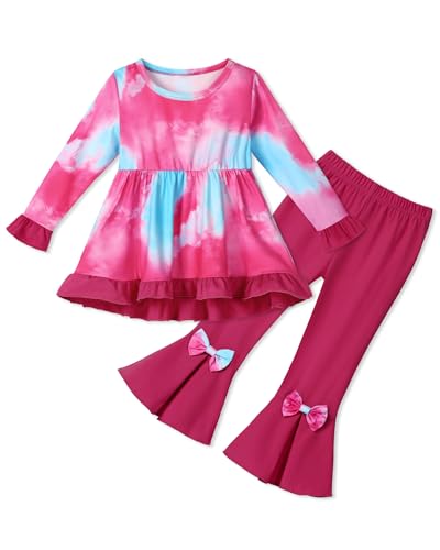 SOLOYEE Girls Clothes 6T 7T Toddler Girl Fall Winter Outfits, Ruffle Long Sleeved Floral Shirts Top + Bell-Bottoms Flare Pants 2Pcs Cloting Set (6-7Years, Rose Red-tie dye)