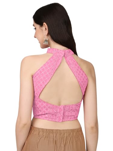 Image of Pujia Mills Women's Halter Neck Chickenkari Work Readymade Saree Blouse