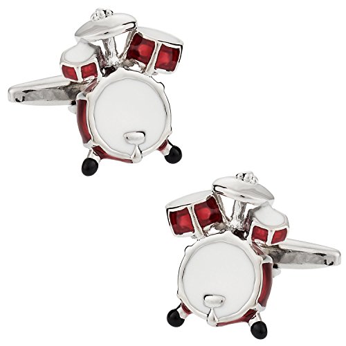 Pair of silver tone cufflinks shaped like a small drum kit, shown in a gift box