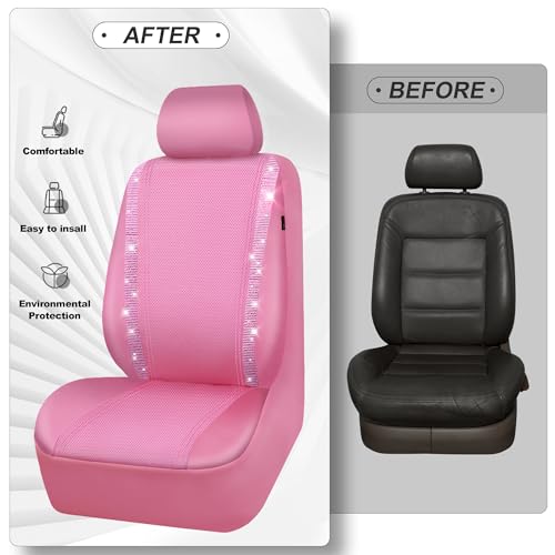 Image of CAR PASS Bling Diamond Car Seat Covers, Shining Rhinestone Waterproof Faux Leather Pink Car Accessories Two Front Only Universal Fit Auto Glitter Crystal Sparkle Strips for Cute Women Girl, Pink