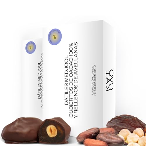 Kaicao Dátiles Medjool - Rellenos de Avellanas Tostadas, Cubiertos de Chocolate Negro 100% Cacao Origen Oko, República Dominicana - Sin Azúcar Añadida - Snack Saludable - Dátil - Pack de 8 dátiles