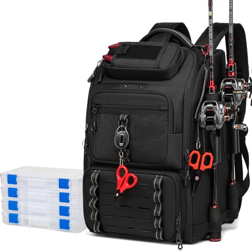 oinitiry Fishing Tackle Backpack, 40L Tackle Bag with 2 Rod Holders & 4 Tackle Boxes, Water-Resistant Large Storage Fishing Gear and Equipment, Fisher Gifts for Men, Black