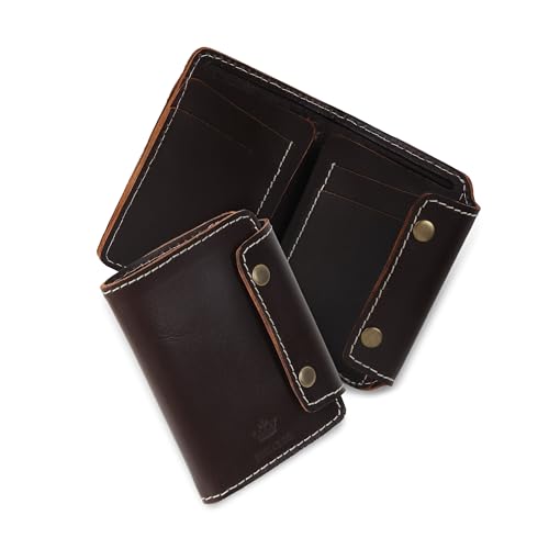Image of Handmade Raw Leather Wallet for Men and Women | Snap Button Closure | Bifold with Card Slots and Cash Pocket | Slim Genuine Cognac Crunch Leather | Travel Office Carry | Coffee Brown