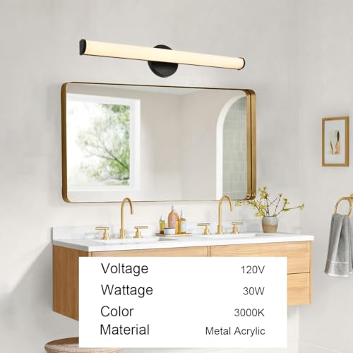 Image of Black Bathroom Light Fixtures Over Mirror with Acrylic Shade,30 inch Modern Vanity Lighting Fixture Dimmable LED Bathroom Sconce 30W 3000K Vanity Light Bar for Mirror Living Room Bedroom