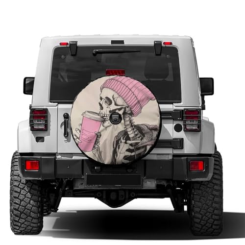 Image of Delerain Skeleton Drinking Coffee Spare Tire Cover with Backup Camera Hole Wheel Protectors Sun Protector Waterproof for Trailer RV SUV Truck and Many Vehicle(13 Inch for Diameter 21 inch-23 inch)