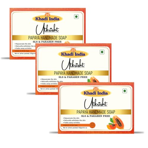 Image of Khadi Papaya Handmade Bathing Soap Bar 125g (Pack of 3) | Natural & Herbal | Enriched with Vitamin A, C & E | Glowing & Brightening Skin | For Acne & Pigmentation | All Skin Types