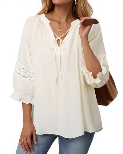 Womens Summer Blouses Flowy Casual V-Neck Front Tie Tops 3/4 Sleeve with Elastic Cuffs Vacation Shirts Boho3