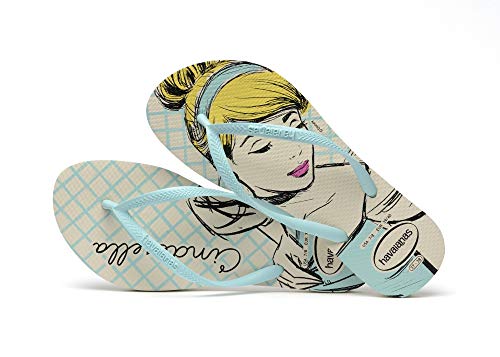 Chinelo Slim Princesas, Havaianas, Feminino, Bege Palha/Azul, 37/38
