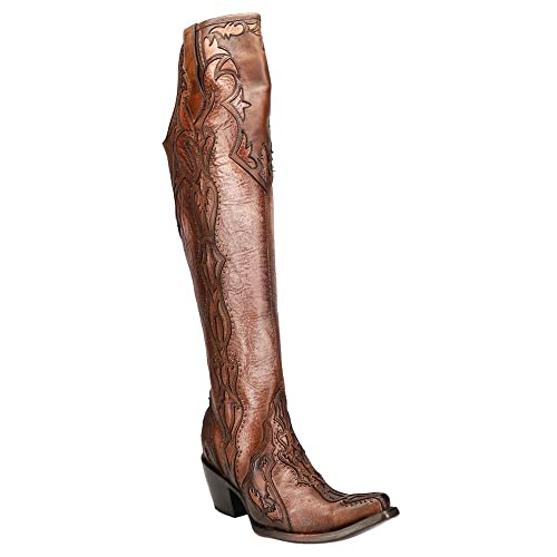 Corral Boots Womens C3704 Embroidery & Studs Tall Snip Toe Casual Boots Over The Knee Mid Heel 2-3" - Brown - Size 8.5 M #TOP1