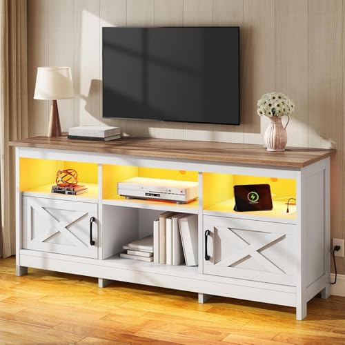 YITAHOME TV Stand for 65 Inch TVs, Entertainment Center with Storage Cabinets, Power Outlet & LED Light, Media Console Living Room Furniture, White White + Walnut