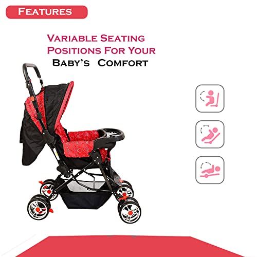 Image of Pop Pop Baby Pram & Stroller with Reversible Handle, Mosquito Net, Mother Bag, Multiple Reclining and Wheels with Brake (Red)