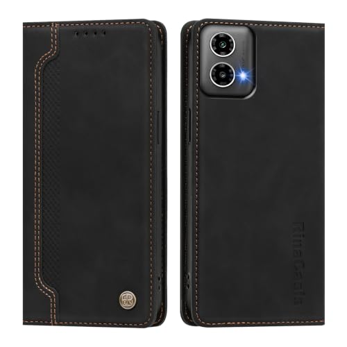 rongki Leather Case for Motorola Moto G34, PU Leather Magnetic Folio Flip Wallet Case with Card Holder Kickstand Shockproof Protective Phone Cover for Motorola Moto G34, Black
