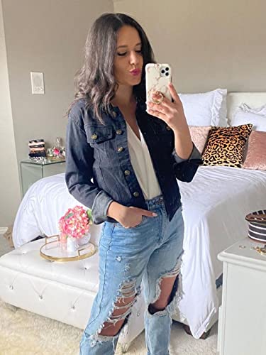 Luvamia Women's Casual Basic Button Down Stretch Regular Fit Long Sleeves Denim Jean Jacket Jackets For Women Fashion Vintage Black Size Medium Fits Size 8 / Size 10 #TOP2