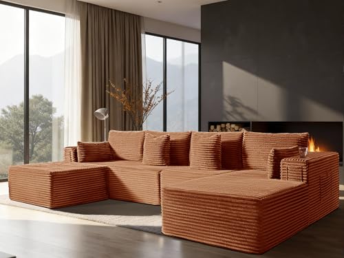 Image of 138 inch Cloud Sectional Couch, Comfort U Shaped Boneless Sofa for Living Room, Deep Seats No Assembly, Minimalist Modular Sofa, Corduroy (Deep Orange, 3 Seater + Right Facing Chaise + Ottoman)