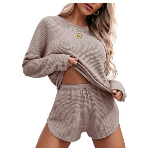 Ekouaer Womens Waffle Knit Pajama Sets Long Sleeve Top and Shorts Matching Lounge Set Sleepwear Loungewear Sweatsuit with Pockets A-Light Khaki Small