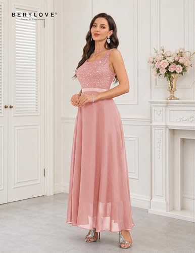 Image of BeryLove Sequin Dress for Woman Vintage A Line Wedding Formal Swing Mesh Dress Sleeveless Cocktail Maxi Gowns
