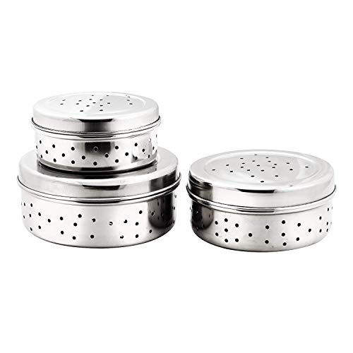 Image of Devera Stainless Steel Green Coriander Storage Box Curry Leaves Box Set, Sprouts with air Ventilation Food containers Silver Dabba Flat Box Steel Dabba (Dhaniya Dabba Set of 3)