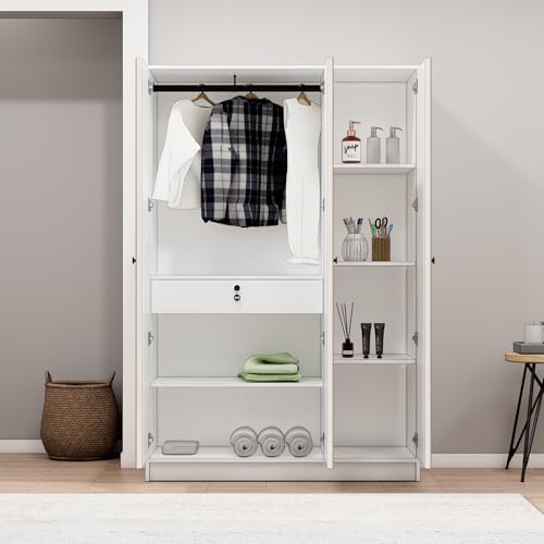 Image of Bniture Luxe 3 Door Wardrobe for Bedroom with Lockable Drawer & Hanging Space | Almirah for Clothes with Vertical Slatted Panels, Spacious Storage Cupboard with 7 Shelves | Frosty White & Giant Wood
