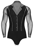 Jowowha Mens Latin Tango Dance Shirt Leotard Long Sleeve Lapel Collar Bodysuit Tops Cha Cha Rumba Dance Costume Black Large
