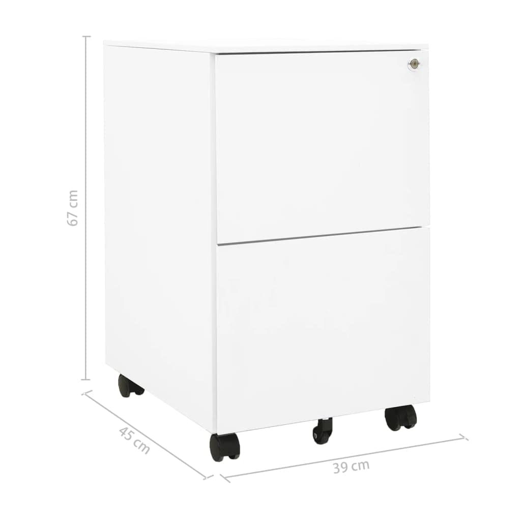 Armadietto per documenti con ruote, in acciaio bianco, 39 x 45 x 67 cm, richiudibile, con 2 cassetti e cartellina sospesa, per ufficio, casa, studio, per riporre i documenti in modo sicuro