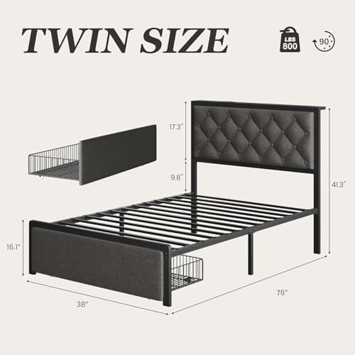 Image of Fluest Twin Bed Frame with Storage Drawer, Upholstered Headboard Button Tufted Bed Frame with Charging Station, No Box Spring Needed, Noise-Free, All Metal Structure, Grey