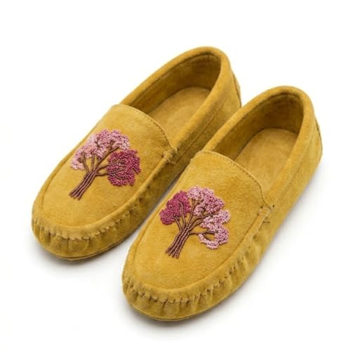 Weskara Native American Style Beaded Loafer Moccasins for Women - Handmade Tree Beadwork Suede Slip-On Flat Shoes - Soft Sole Casual - 8