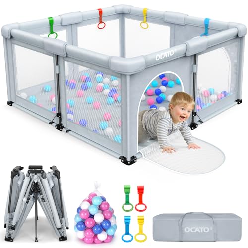 Image of OCATO Baby Playpen: Foldable Playpen for Babies and Toddlers Large Play Pen Portable Playpen Fence Indoor Outdoor Kids Safety Area Travel Play Yard with 2 Storage Bags 4 Handlers 50 Balls (71"×71")