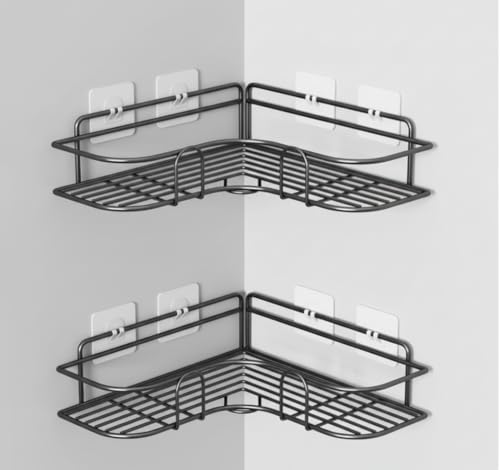 Image of Corner Wall Mounted Storage Rack (Pack of 2) | No Drill Self-Adhesive Bathroom Shelf Organizer | Multipurpose Metal Corner Stand for Kitchen & Bathroom | Black | 10 Inches Both