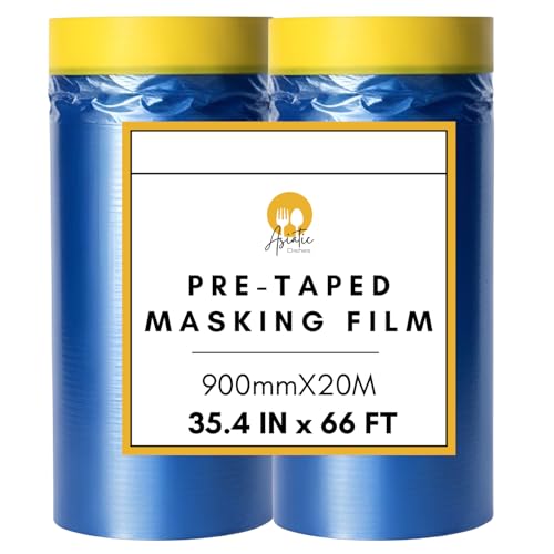 Asiatic Dishes Pre-Taped Masking Film, 35.4" x 66', Pack of 2, Automotive Painters Plastic Sheeting with Tape, Plastic Drop Cloths, Overspray Protection for Auto Body and Home Painting