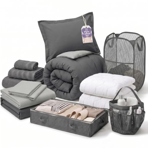 Hearth & Harbor 13 Piece Complete Dorm Room Set Twin XL Comforter Set Sheet Set Mattress Protector Towels and Organizers - All Dorm Accessories Included