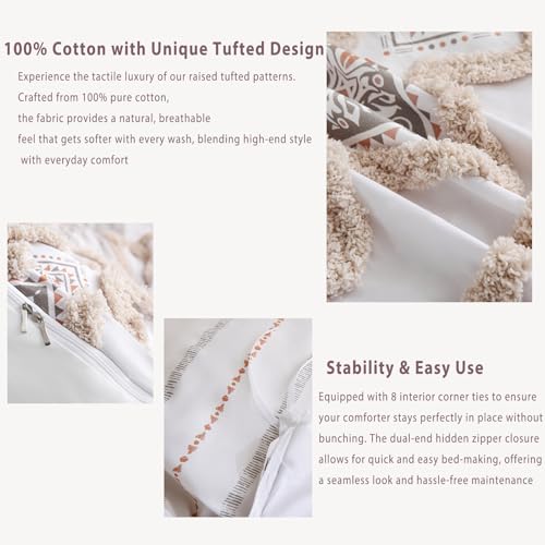 Image of Herside Beige 100% Cotton Boho Duvet Cover Set Queen Size, 3-Piece Tufted Textured Modern Boho Moroccan Bedding, Aztec Geometric Farmhouse Comforter Cover with 8 Corner Ties & Double Zipper