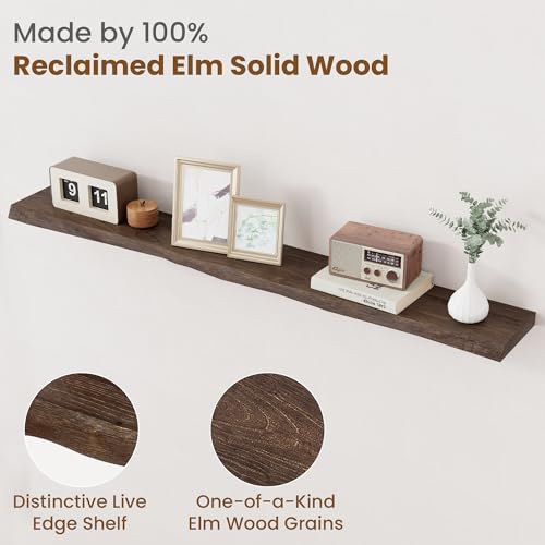 Image of FLYJOE Floating Shelves for Wall Decor, Rustic Solid Elm Wood Live Edge Floating Shelves Wall Mounted, Wall Shelves with Invisible Bracket for Living Room Bathroom Bedroom Kitchen, 55 Inch, Walnut