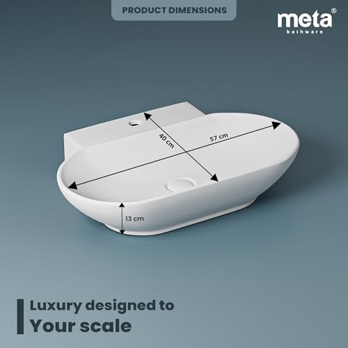 Image of Meta Bathware Premium Oval Wash Basin | Wall Mount Ceramic Sink for Bathroom | Sleek Glossy Finish | Scratch Resistant & Easy Clean | Modern Sanitary Ware for Home & Office (22.5x16x5 Inch)