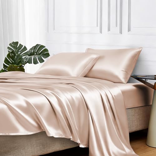Image of MR&HM Satin Bed Sheets, Twin Size Sheets Set, 3 Pcs Silky Bedding Set with 15 Inches Deep Pocket for Mattress (Twin, Champagne)