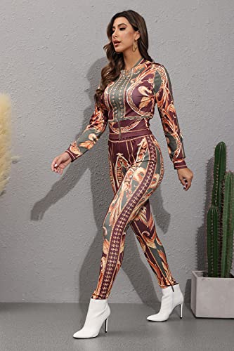 Yanfoam 2 Piece Outfits For Women Pants Sets Zipper Floral Print Long Sleeve Tracksuits #TOP4