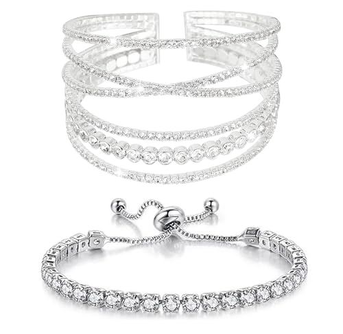 Rhinestone Cuff Bracelet for Women 2Pieces Multilayer Rhinestone Bracelet Sparkling Crystal Bridal Bracelet for Party Prom Wedding