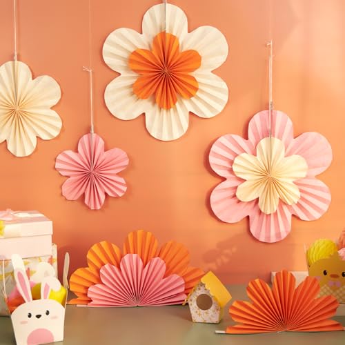 Image of PAPER JAZZ Spring Paper Flowers Decoration Summer Orange Birthday Party Decoration Orange Pink Groovy Paper Fans Classroom for Wall Hanging Decor for Office Baby Shower Bulletin Board.
