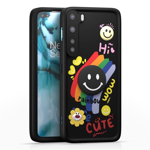 Image of Pikkme Back Cover for OnePlus Nord (2020) | Soft Silicone| Cute Rainbow Smile & 3D Cartoon Flower Design | Shockproof Raised Camera Protection Bumper Case (Black)