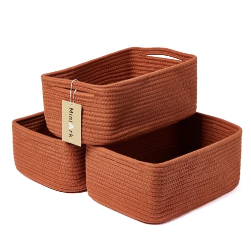 Small Storage Baskets for Organizing | Closet Organizer Bins | Shelf Toy Basket | Woven Rope Baskets | Cube Decorative Box | Shallow Basket | 13x8.5x5.1” | 3 Packs Oxide Red