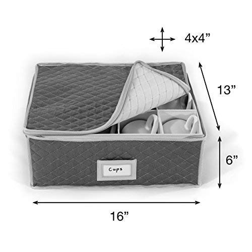 China Cup Storage Chest - Quilted Fabric Container In Gray Measuring 16" X 13" X 6"H - Perfect Storage Case For Coffee Cups - Tea Cups - Mugs #TOP1