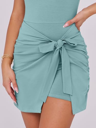 Image of Caracilia Women Summer Sleeveless Bodycon Tie Cinched Waist Romper Skort Mini Dress Built in Shorts Night Out Vacation Dress