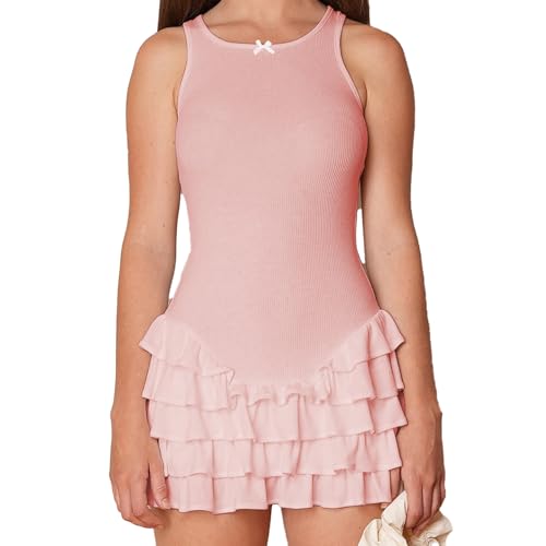 Image of Women's Summer Frill Rank Dress Sleeveless Bodycon Tiered Ruched Dress Skim Hem Dress Pink